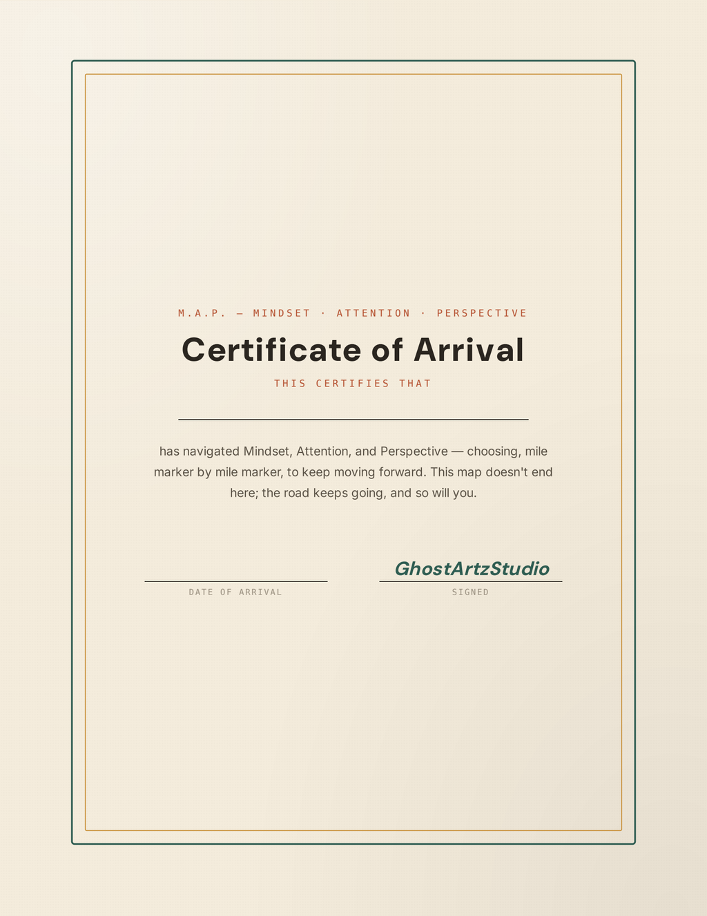 Certificate of Arrival page from the M.A.P. workbook