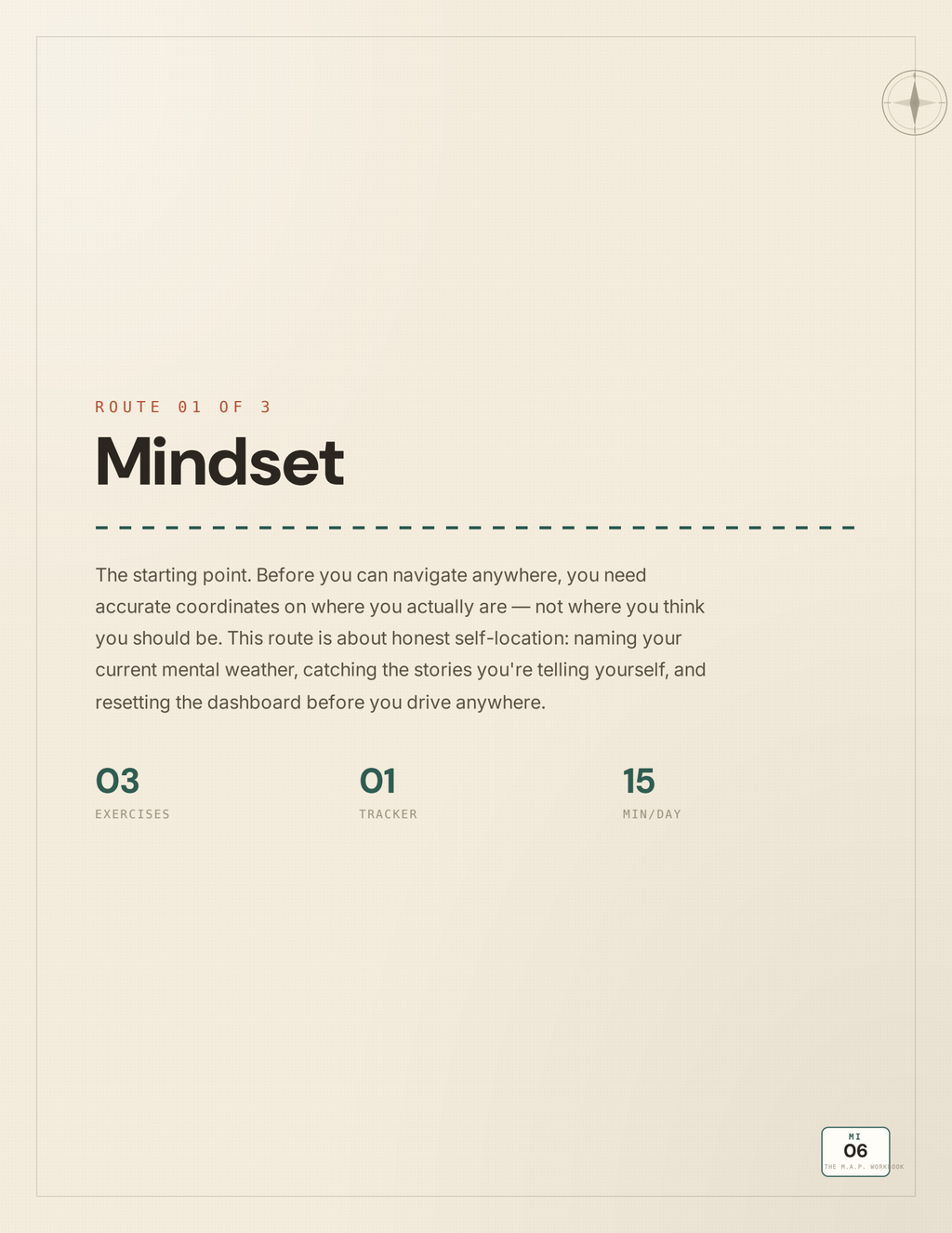Route 01 Mindset section divider page from the M.A.P. workbook