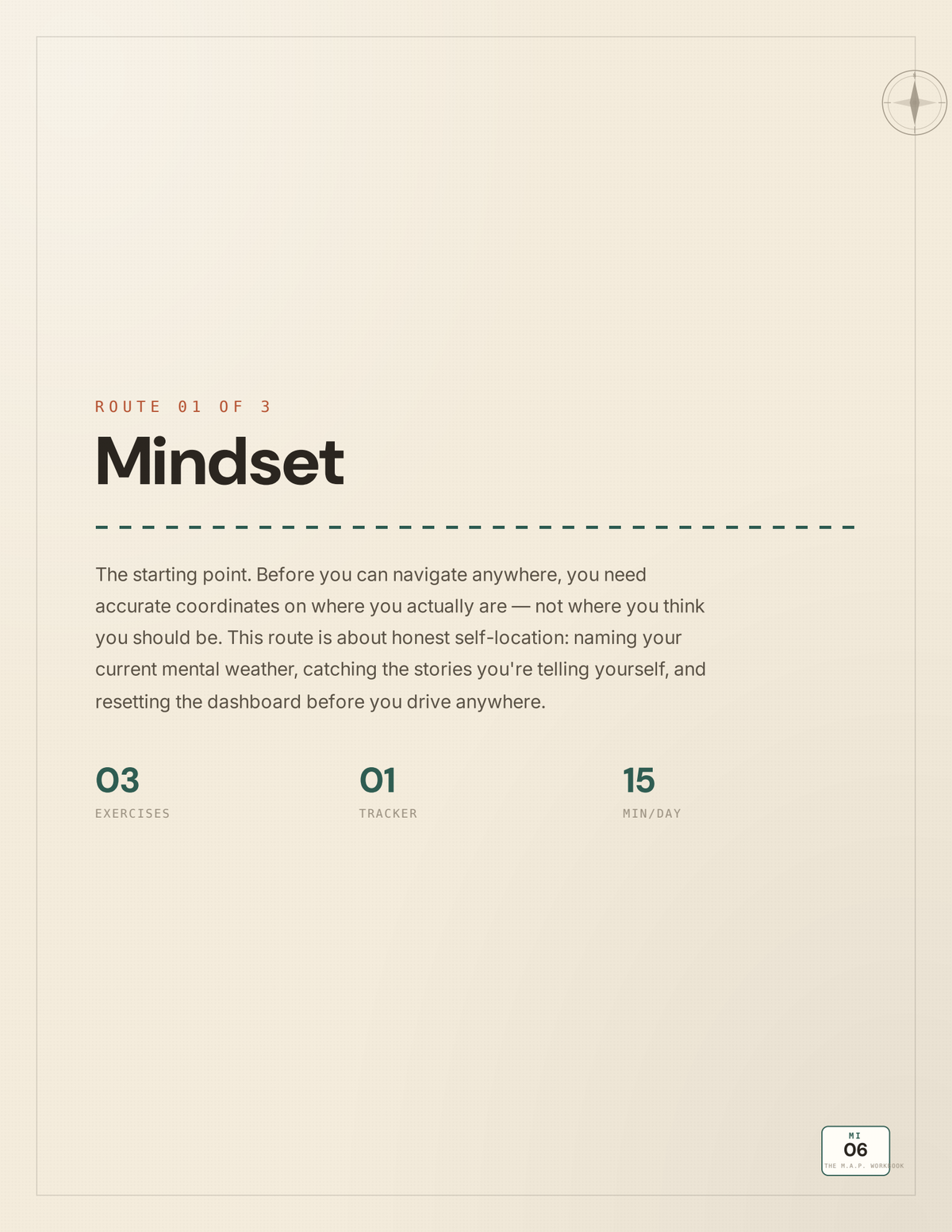 Route 01 Mindset section divider page from the M.A.P. workbook